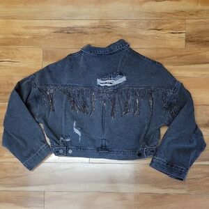 BlueB Size S/M Distressed Cropped Black Denim Jacket With Bling Fringe On Back